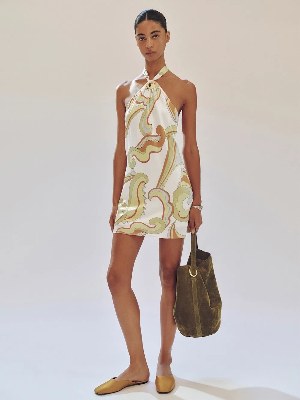 Reformation Halter Mini Dress in Cream, Olive & Tan